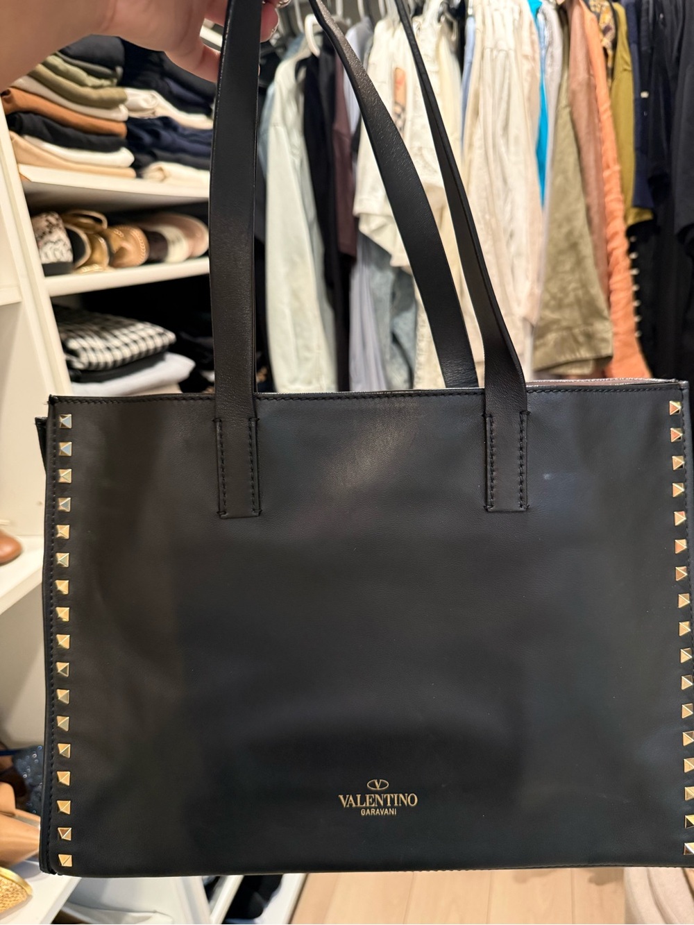 Valentino Garavani Black Leather Rockstud Tote with Gold Accents